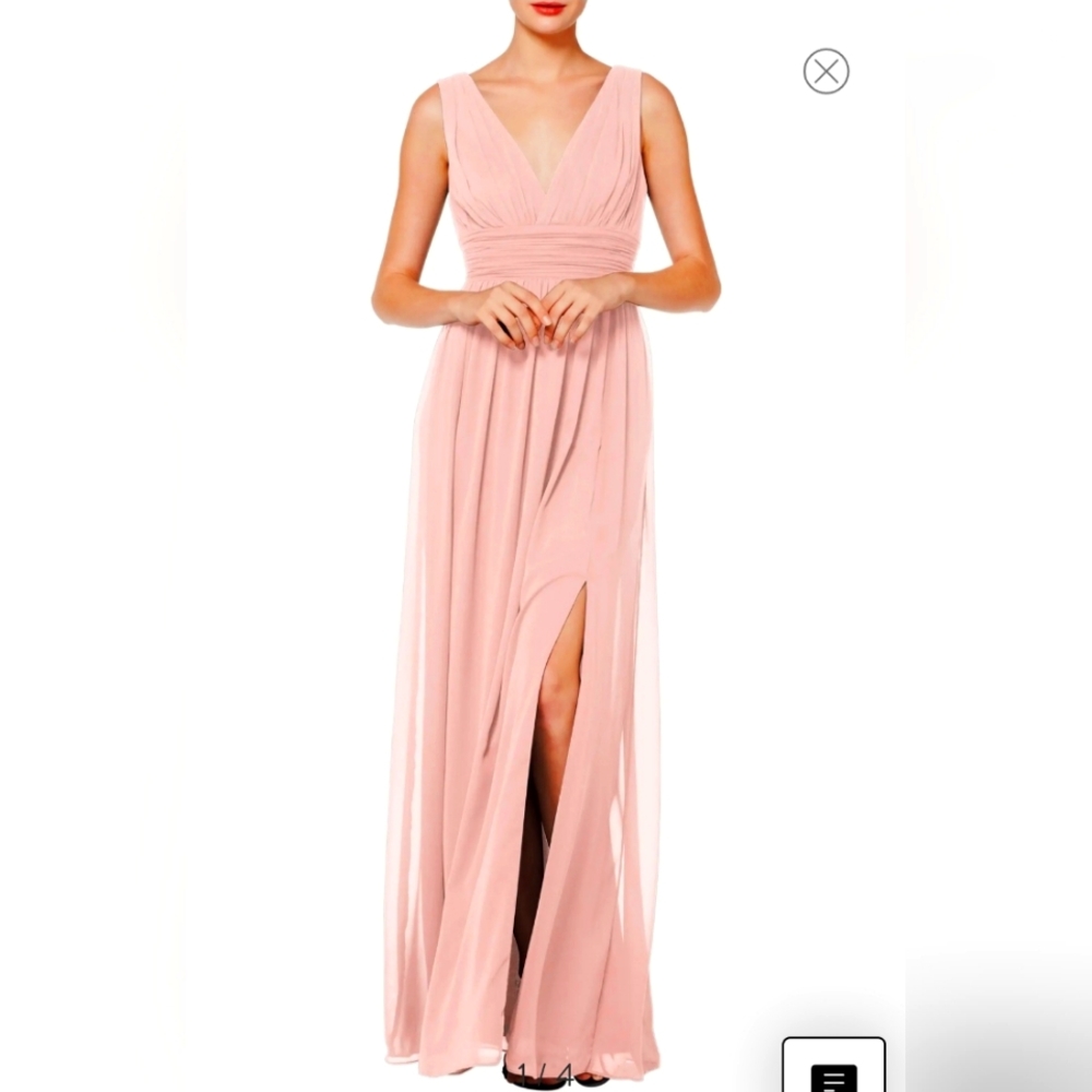 *PROM SPECIAL* #Levkoff | V-neck pleat chiffon A line gown | Petal Pink | Size 4